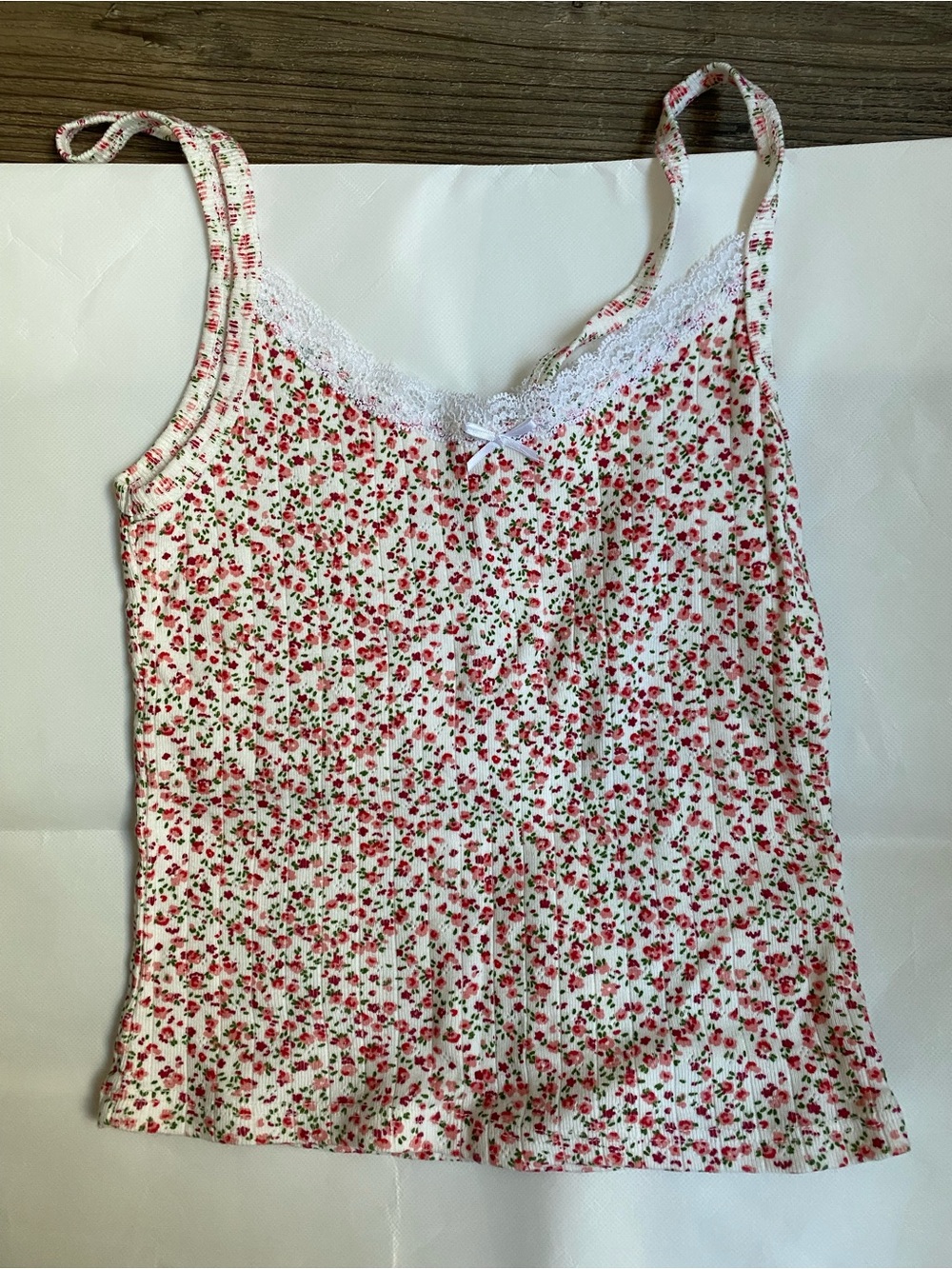 Floral Lace Trim Cami Tank Top - Pink & White